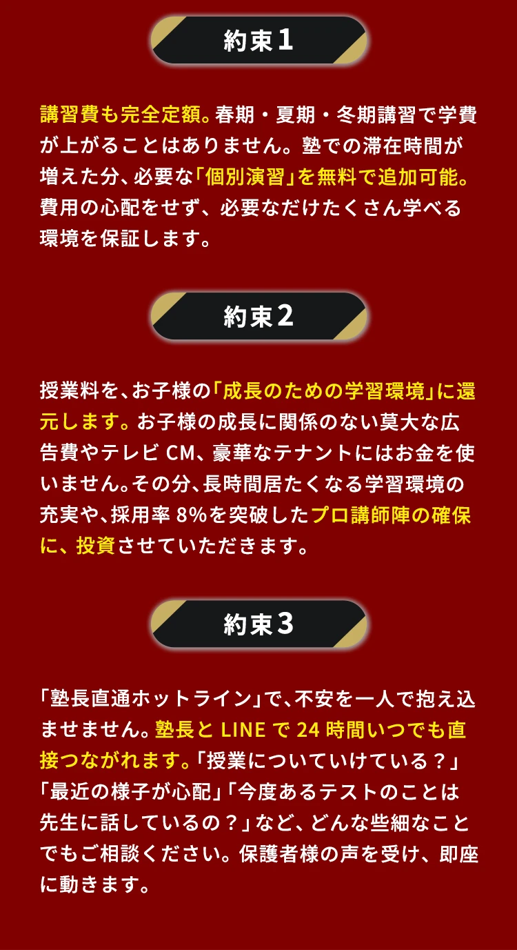 1.講習日も完全定額。2.授業料を、お子様の成長のための学習環境に還元します。3.「塾長直通ホットライン」で、不安を一人で抱え込ませません。