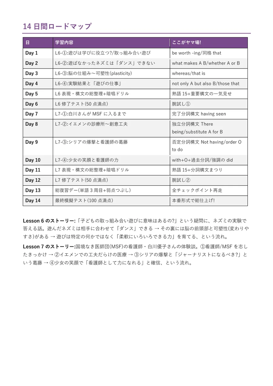 14日間ロードマップのページ。Day1からDay14まで学習内容とヤマ場が一覧になっている