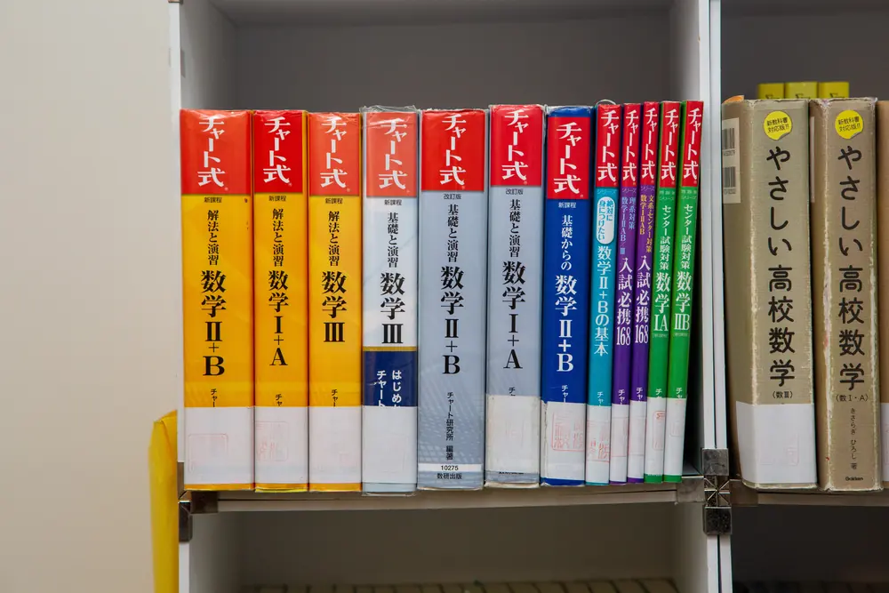 チャート式など数学の参考書が難易度順に並んだ棚