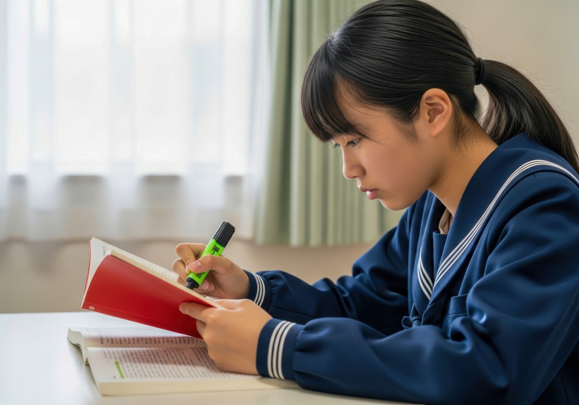 真剣に参考書を読む女子学生