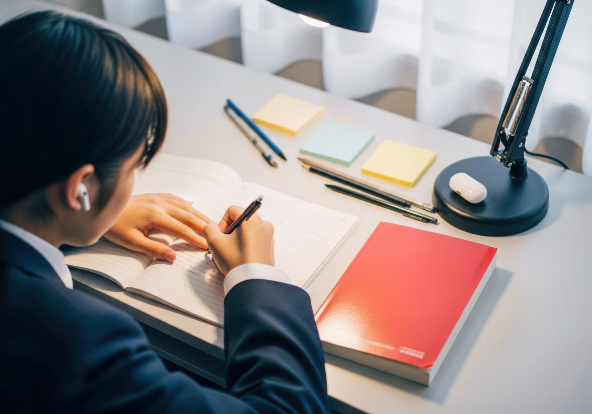 夜の机で集中して勉強する学生