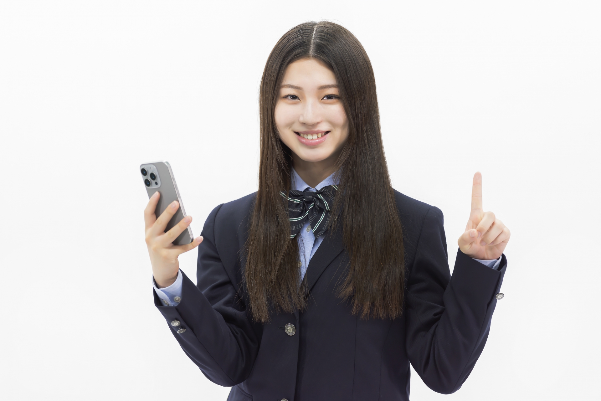 女子高生　受験生　スマートフォン　指差し